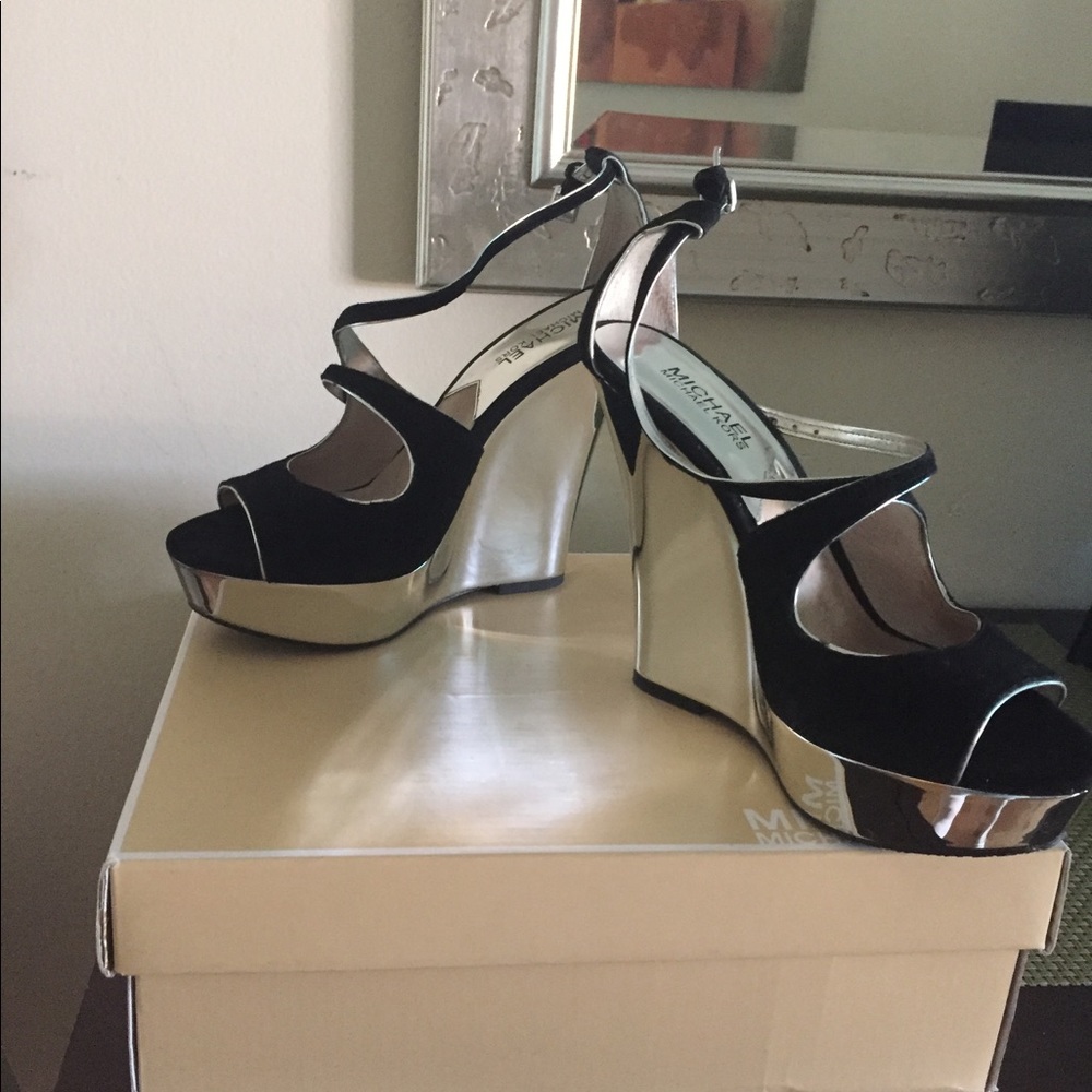 Michael Kors Black Suede & Silver Wedges
